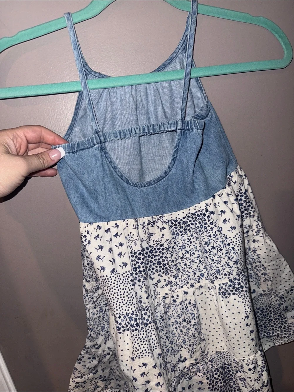Girls Blue Chambray & White Floral Patchwork Sundress